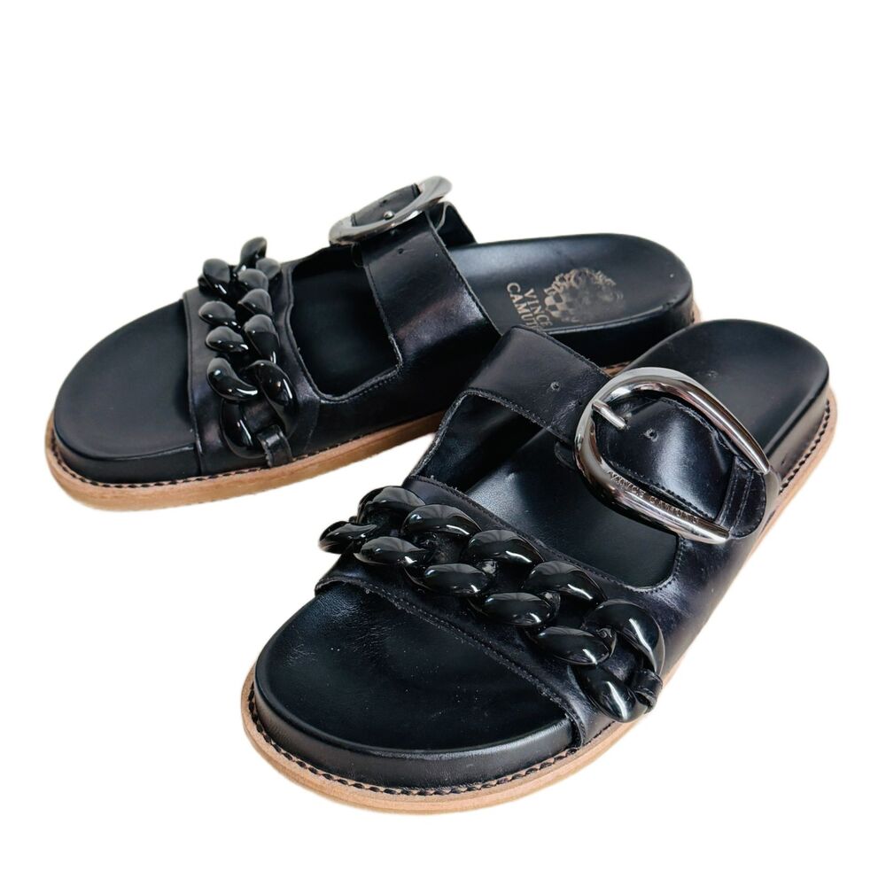 Vince Camuto Kennedys Sandals 9.5 Black Leather Shoes Chunky Chain Detail - Picture 5 of 8